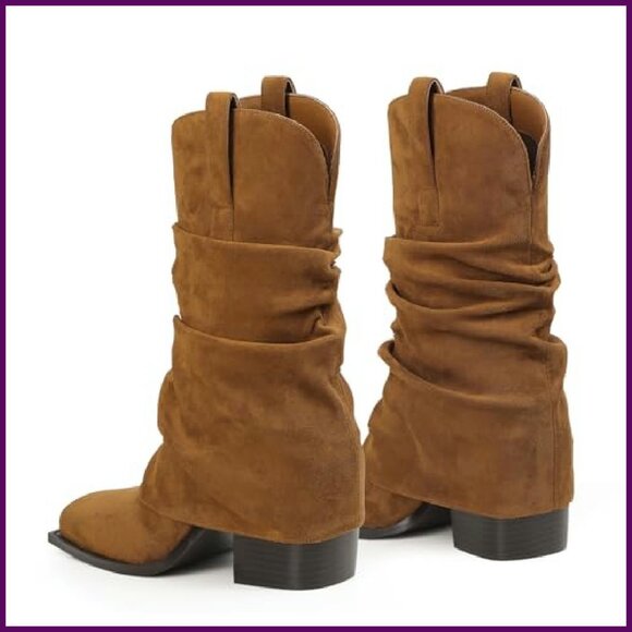 Women's Suede Cowboy Boots Mid Calf Square Toe Chunky Heel Fold Over - Picture 5 of 8